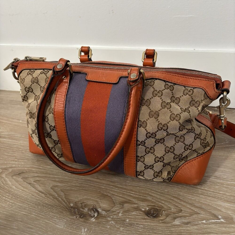 GUCCI Purse Monogram Vintage Web Small Boston Orange Blue Shoulder Bag Rare - Picture 2 of 16